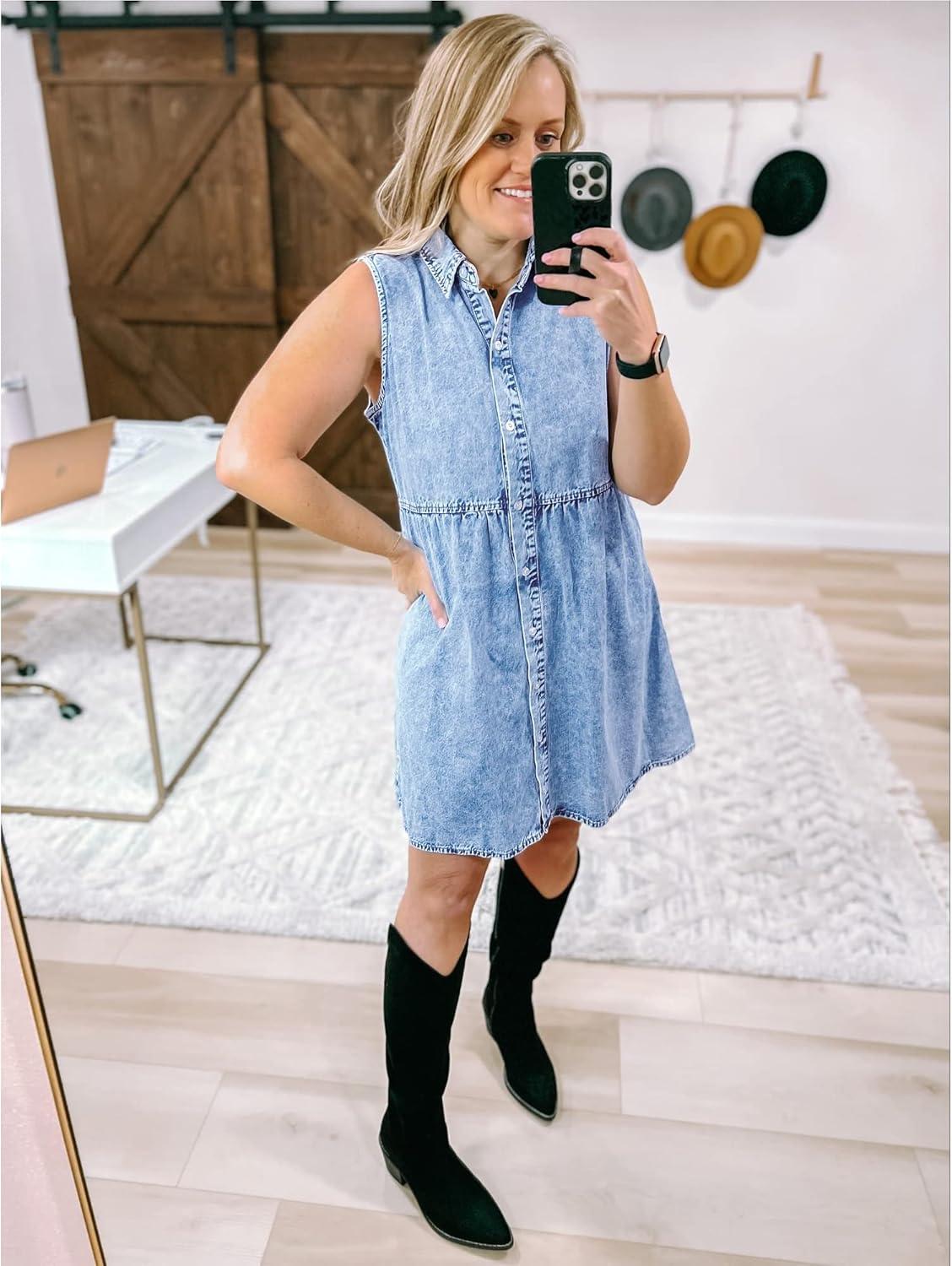 imageLookbookStore Denim Dress for Women Sleeveless Babydoll Button Down Short Jean Dresses Cute Summer OutfitsRoadknight Blue