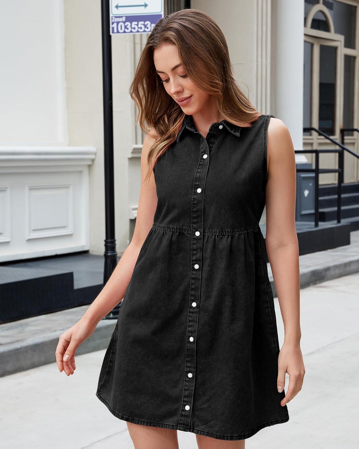 imageLookbookStore Denim Dress for Women Sleeveless Babydoll Button Down Short Jean Dresses Cute Summer OutfitsVintage Black