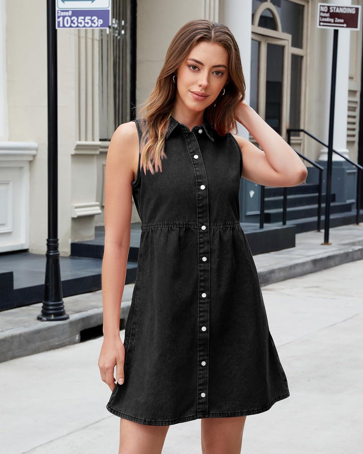 imageLookbookStore Denim Dress for Women Sleeveless Babydoll Button Down Short Jean Dresses Cute Summer OutfitsVintage Black