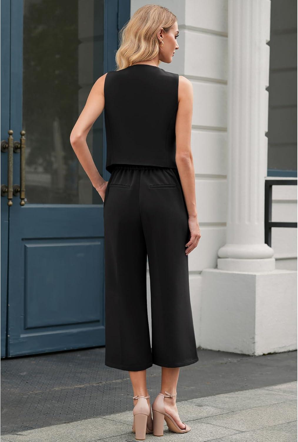 imageLookbookStore Pant Suits for Women Dressy Two Piece Business Casual Outfits Sleeveless Blazer Summer Vest and Pants SetsBlack