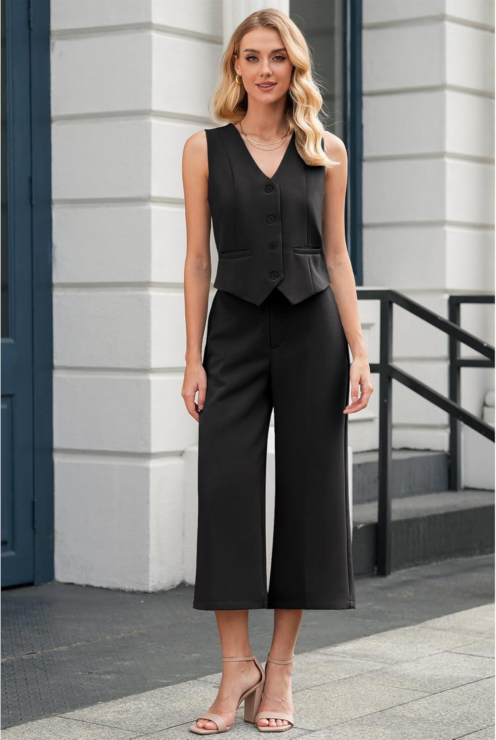 imageLookbookStore Pant Suits for Women Dressy Two Piece Business Casual Outfits Sleeveless Blazer Summer Vest and Pants SetsBlack
