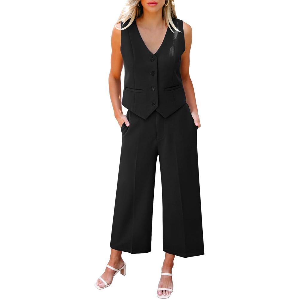 imageLookbookStore Pant Suits for Women Dressy Two Piece Business Casual Outfits Sleeveless Blazer Summer Vest and Pants SetsBlack