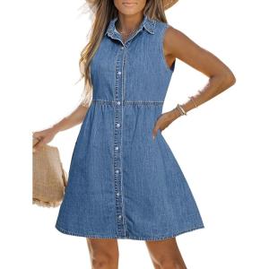 LookbookStore Denim Dress for Women Sleeveless Babydoll Button Down Short Jean Dresses Cute Summer Outfits(Medium Blue)