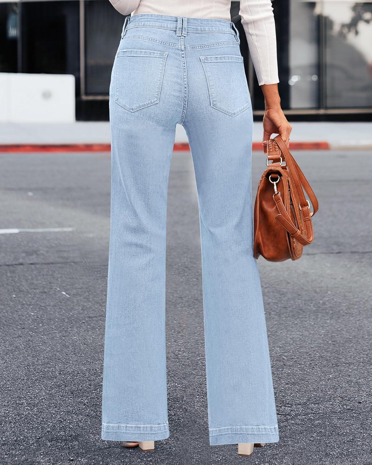 imageLookbookStore Wide Leg Jeans Woman 2026 Flare High Waist Baggy Jeans for Women Stretchy Denim PantsIce Blue