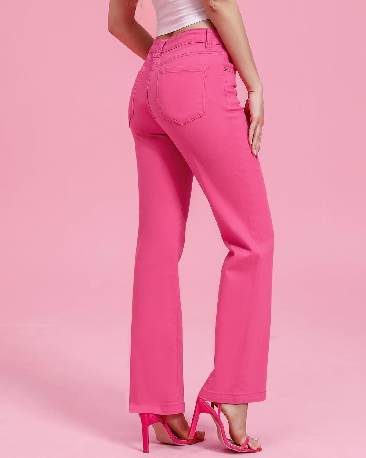 imageLookbookStore Wide Leg Jeans Woman 2026 Flare High Waist Baggy Jeans for Women Stretchy Denim PantsMagenta Pink