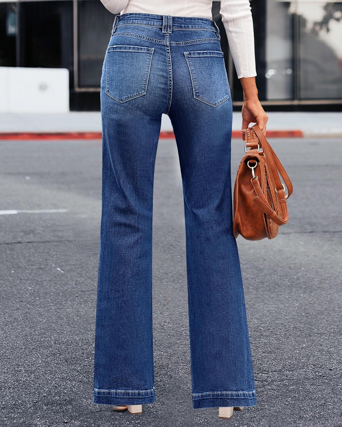 imageLookbookStore Wide Leg Jeans Woman 2026 Flare High Waist Baggy Jeans for Women Stretchy Denim PantsNightfall Dark Wash