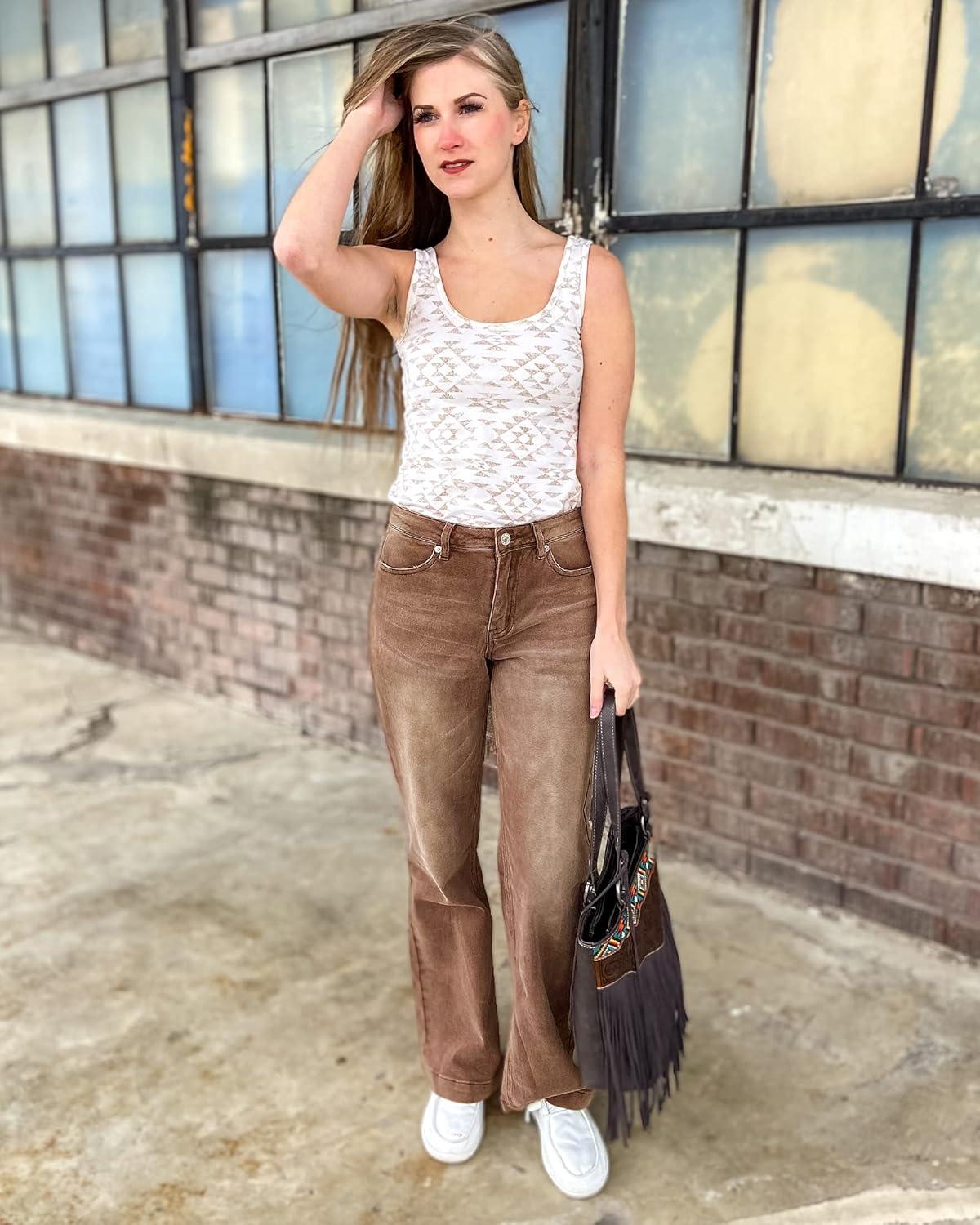 imageLookbookStore Wide Leg Jeans Woman 2026 Flare High Waist Baggy Jeans for Women Stretchy Denim PantsPecan Brown