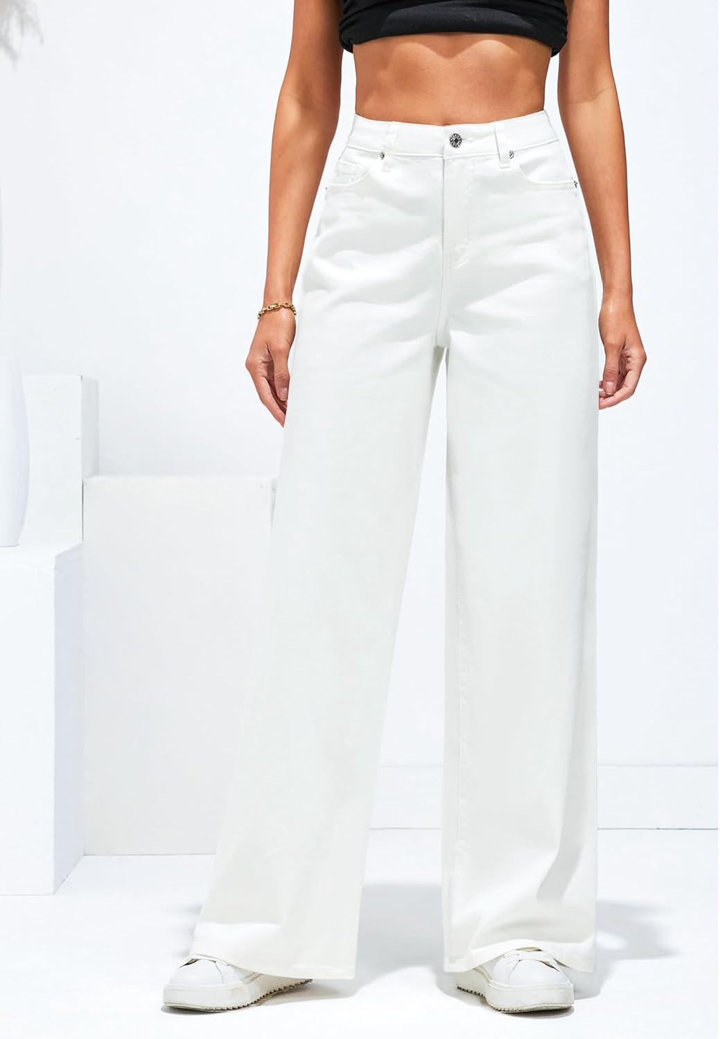 imageLookbookStore Wide Leg Jeans for Women High Waisted Stretchy Denim Jeans Fashion Baggy Trouser Jean Pants with Pockets