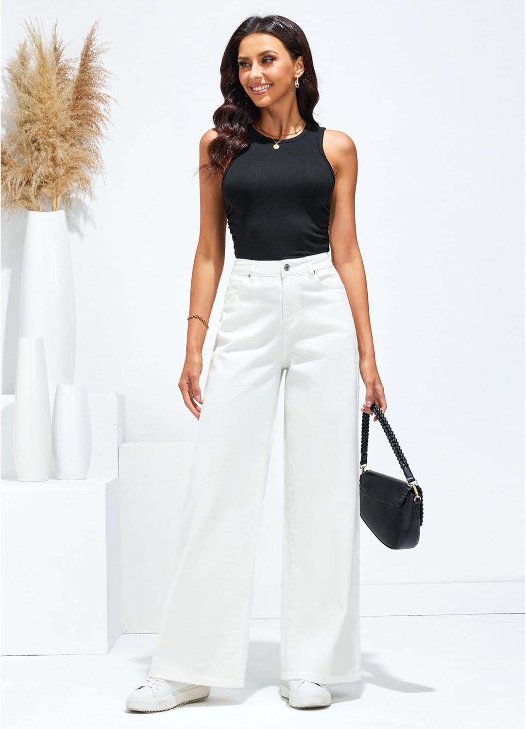 imageLookbookStore Wide Leg Jeans for Women High Waisted Stretchy Denim Jeans Fashion Baggy Trouser Jean Pants with Pockets