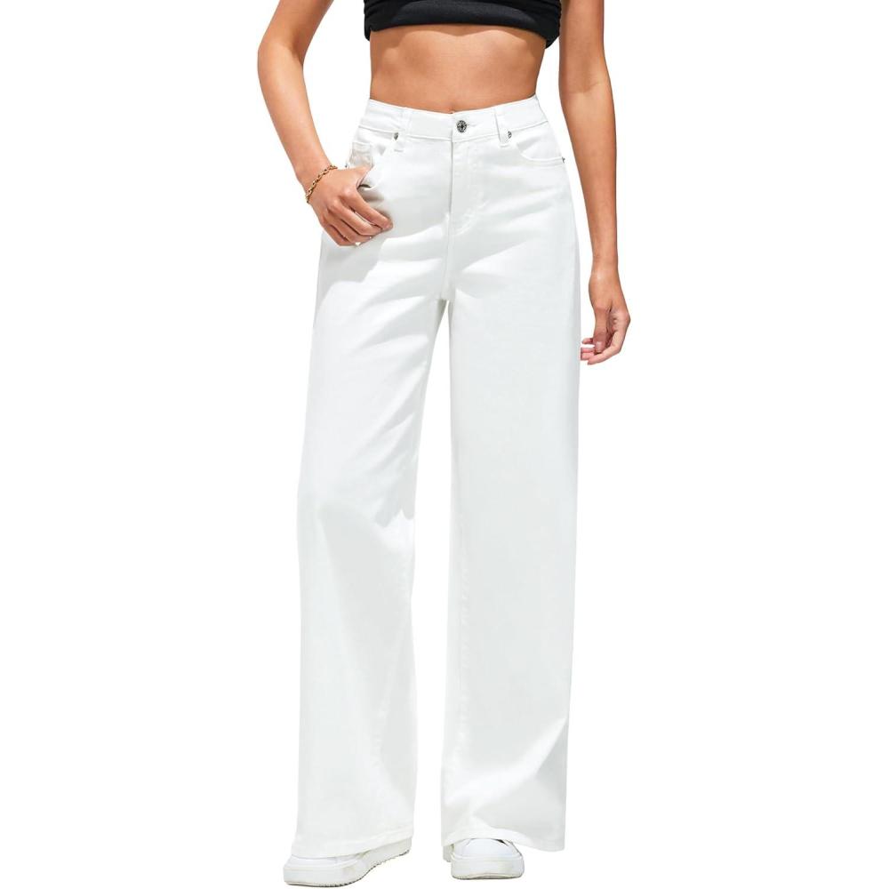 imageLookbookStore Wide Leg Jeans for Women High Waisted Stretchy Denim Jeans Fashion Baggy Trouser Jean Pants with Pockets
