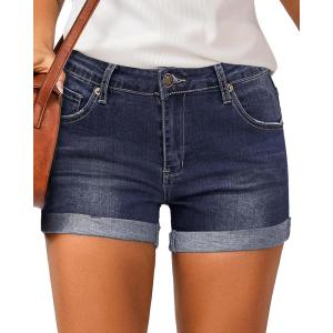 LookbookStore Women’s High Waisted Rolled Hem Distressed Jeans Ripped Denim Shorts(Dark Vintage Blue)