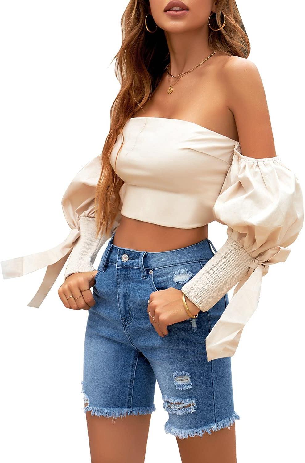 imageLookbookStore Women High Waist Ripped Bermuda Jean Shorts Skinny Denim ShortsBlue