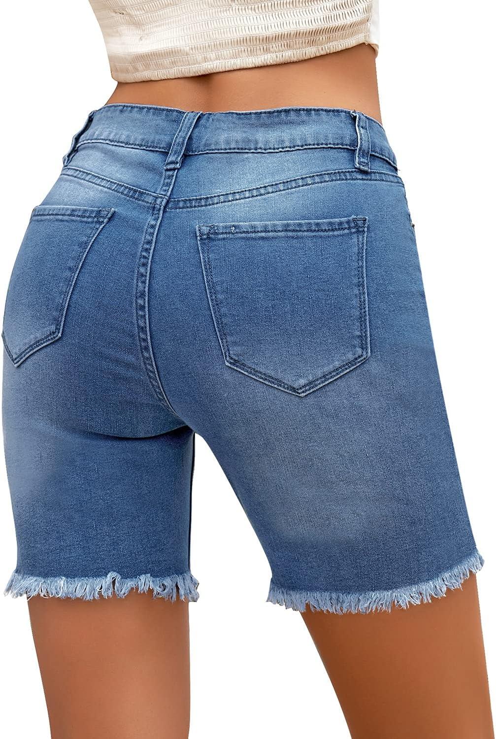 imageLookbookStore Women High Waist Ripped Bermuda Jean Shorts Skinny Denim ShortsBlue