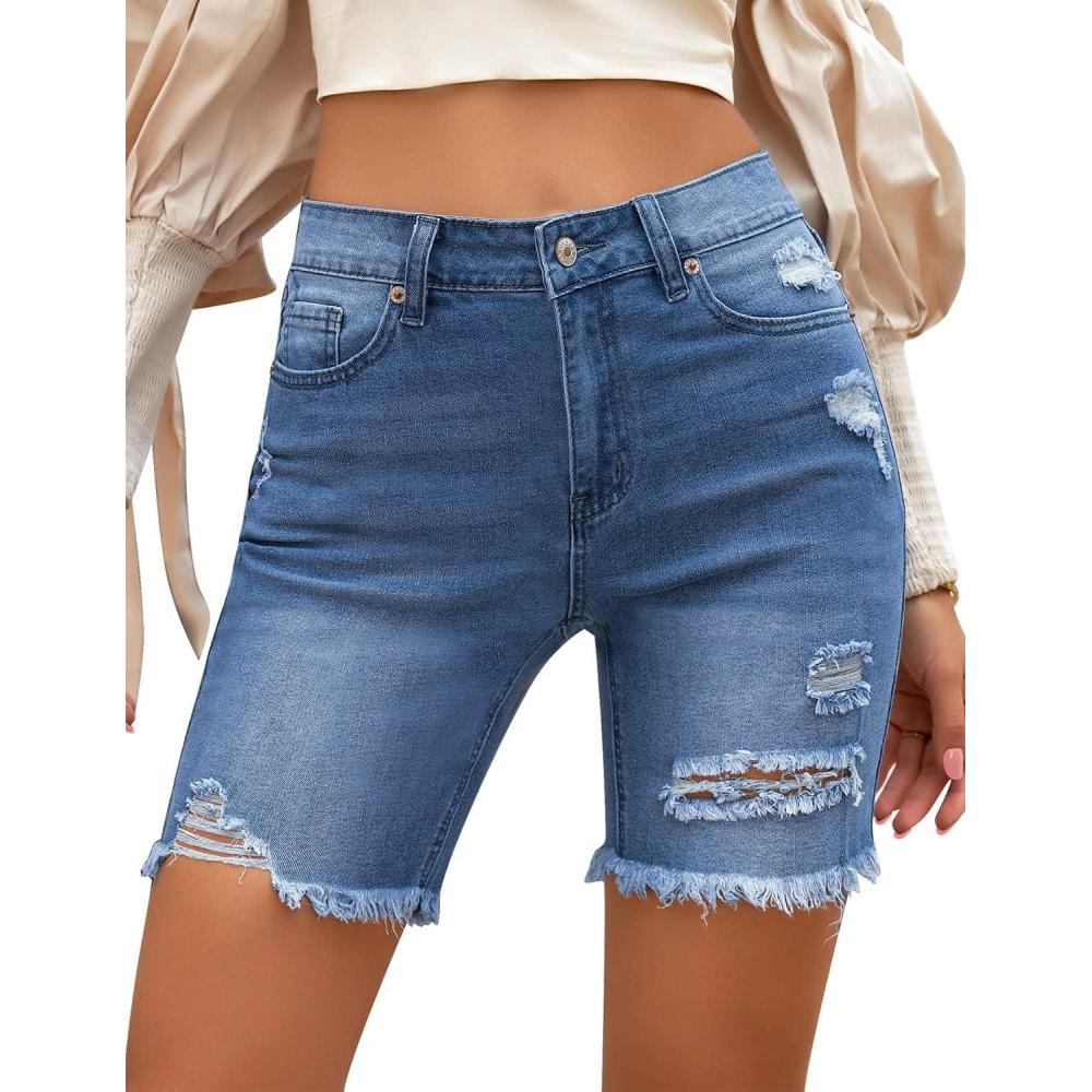 imageLookbookStore Women High Waist Ripped Bermuda Jean Shorts Skinny Denim ShortsBlue