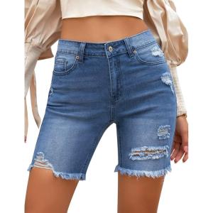 LookbookStore Women High Waist Ripped Bermuda Jean Shorts Skinny Denim Shorts(Blue)
