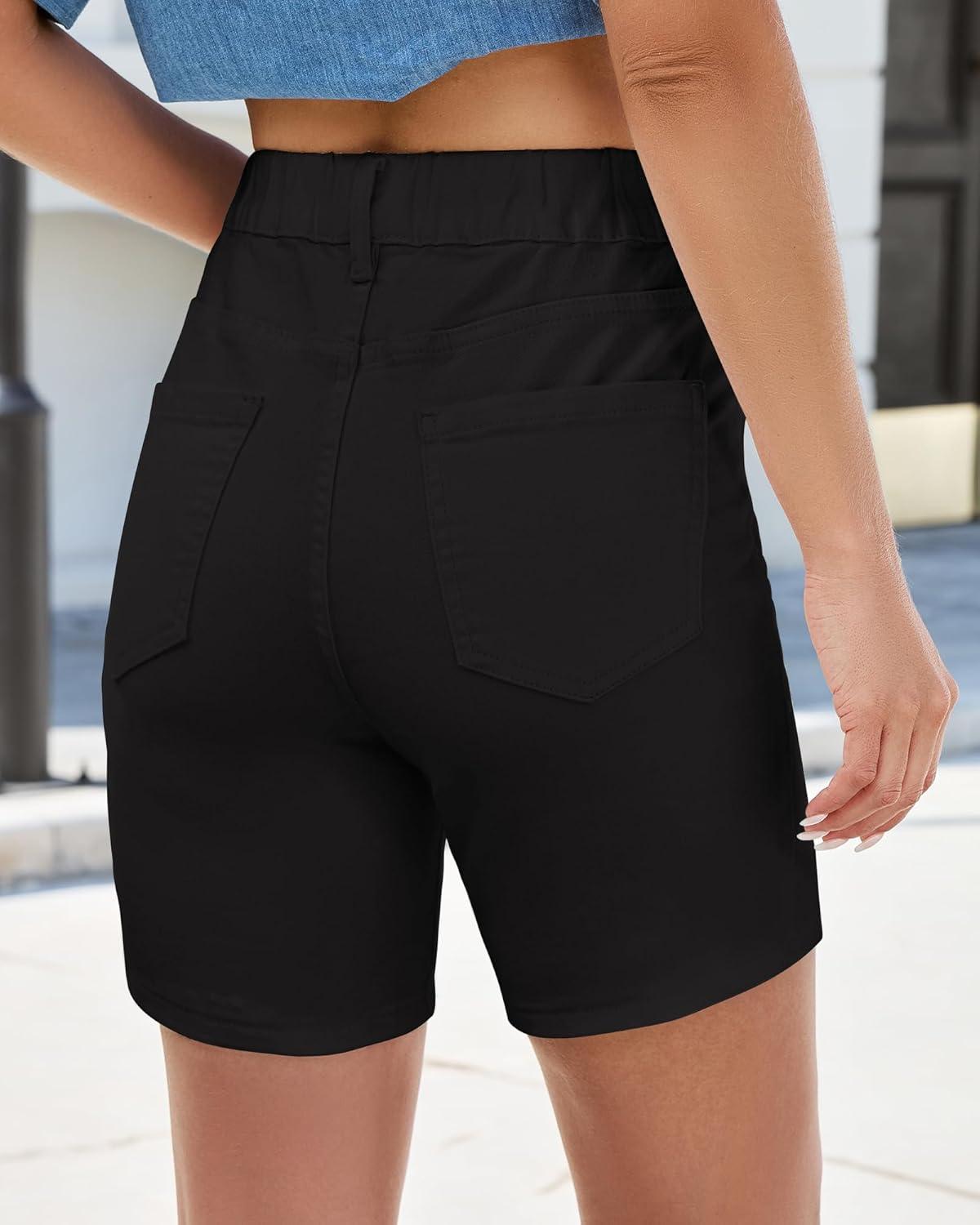 imageLookbookStore Jean Shorts for Women Pull On Elastic Waist Mid Rise Casual Summer Jorts Stretchy Denim 7 Long ShortsBlack