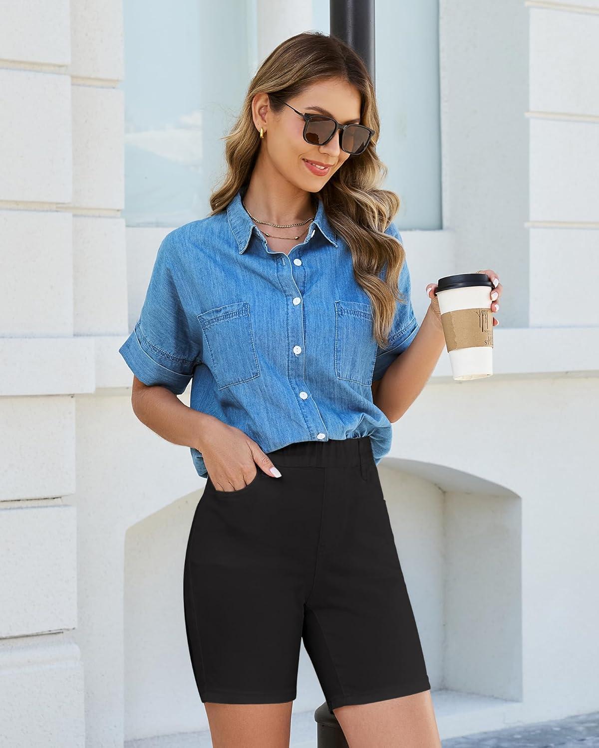 imageLookbookStore Jean Shorts for Women Pull On Elastic Waist Mid Rise Casual Summer Jorts Stretchy Denim 7 Long ShortsBlack