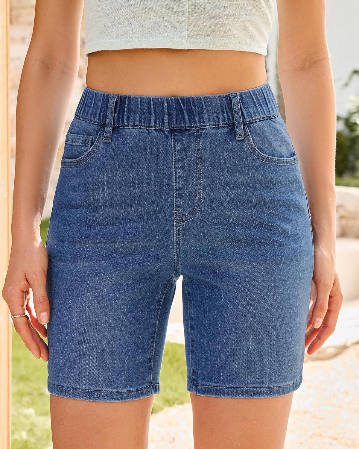 imageLookbookStore Jean Shorts for Women Pull On Elastic Waist Mid Rise Casual Summer Jorts Stretchy Denim 7 Long ShortsIndigo Classic Blue