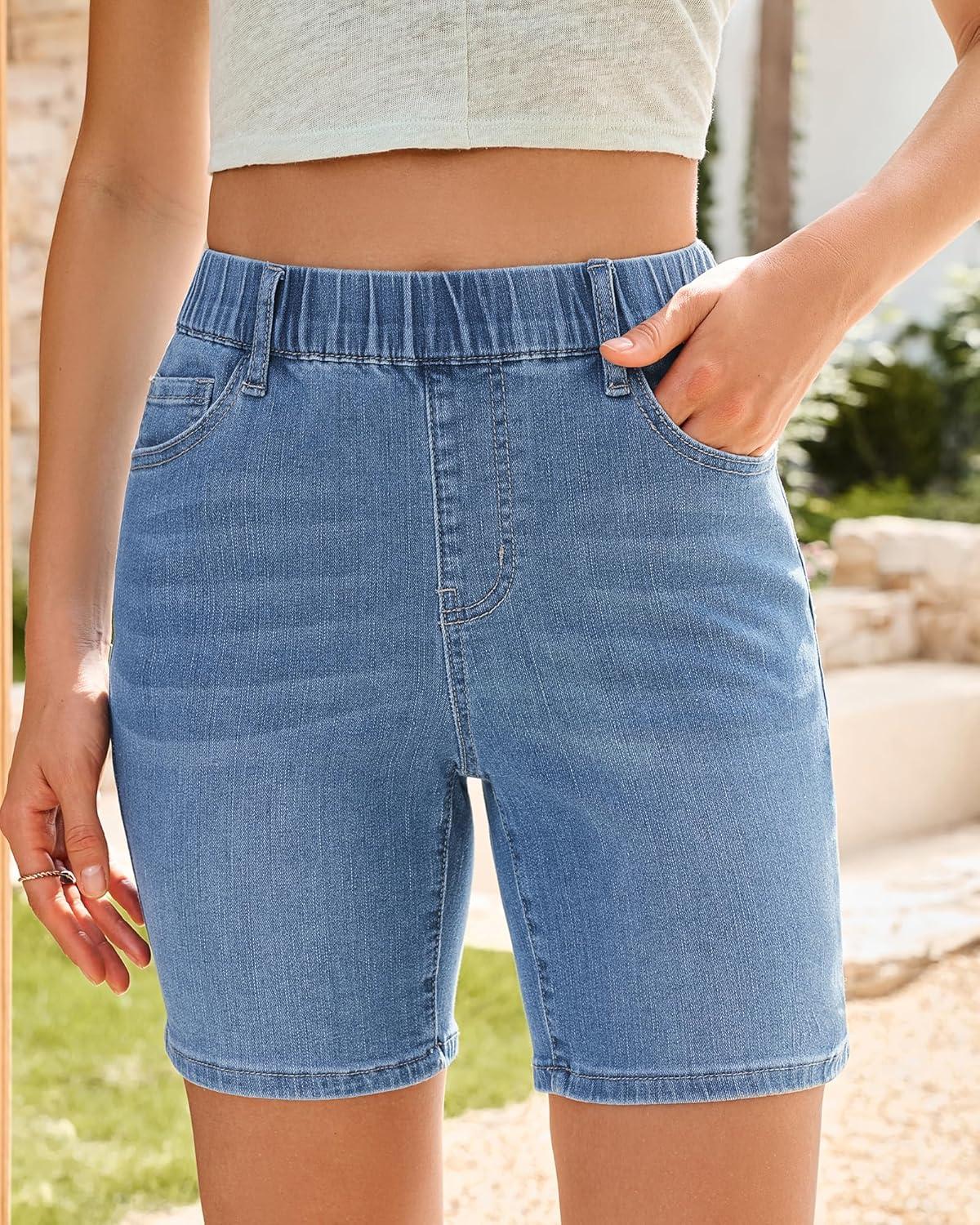 imageLookbookStore Jean Shorts for Women Pull On Elastic Waist Mid Rise Casual Summer Jorts Stretchy Denim 7 Long ShortsIndigo Medium Blue