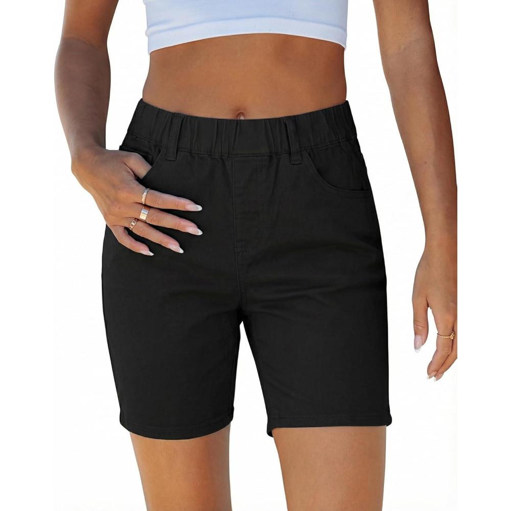 imageLookbookStore Jean Shorts for Women Pull On Elastic Waist Mid Rise Casual Summer Jorts Stretchy Denim 7 Long ShortsBlack
