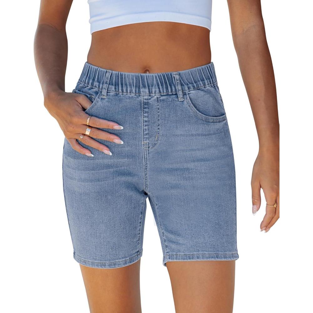 imageLookbookStore Jean Shorts for Women Pull On Elastic Waist Mid Rise Casual Summer Jorts Stretchy Denim 7 Long ShortsIndigo Cool Blue