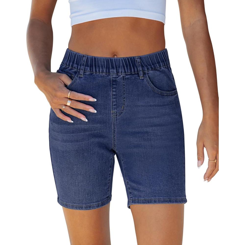 imageLookbookStore Jean Shorts for Women Pull On Elastic Waist Mid Rise Casual Summer Jorts Stretchy Denim 7 Long ShortsIndigo Dark Blue