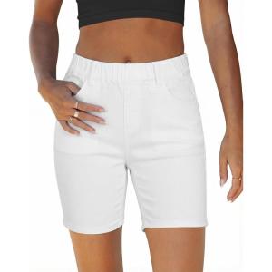 LookbookStore Jean Shorts for Women Pull On Elastic Waist Mid Rise Casual Summer Jorts Stretchy Denim 7” Long Shorts(Cream White)