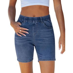 LookbookStore Jean Shorts for Women Pull On Elastic Waist Mid Rise Casual Summer Jorts Stretchy Denim 7” Long Shorts(Indigo Classic Blue)