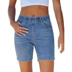 LookbookStore Jean Shorts for Women Pull On Elastic Waist Mid Rise Casual Summer Jorts Stretchy Denim 7” Long Shorts(Indigo Medium Blue)