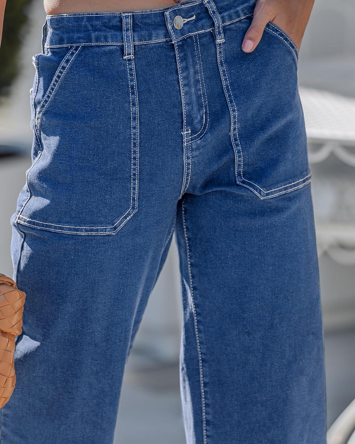 imageLookbookStore Capri Jeans for Women Wide Leg Trendy High Waisted Baggy Straight Casual Summer Stretch Denim Capris PantsClassic Blue