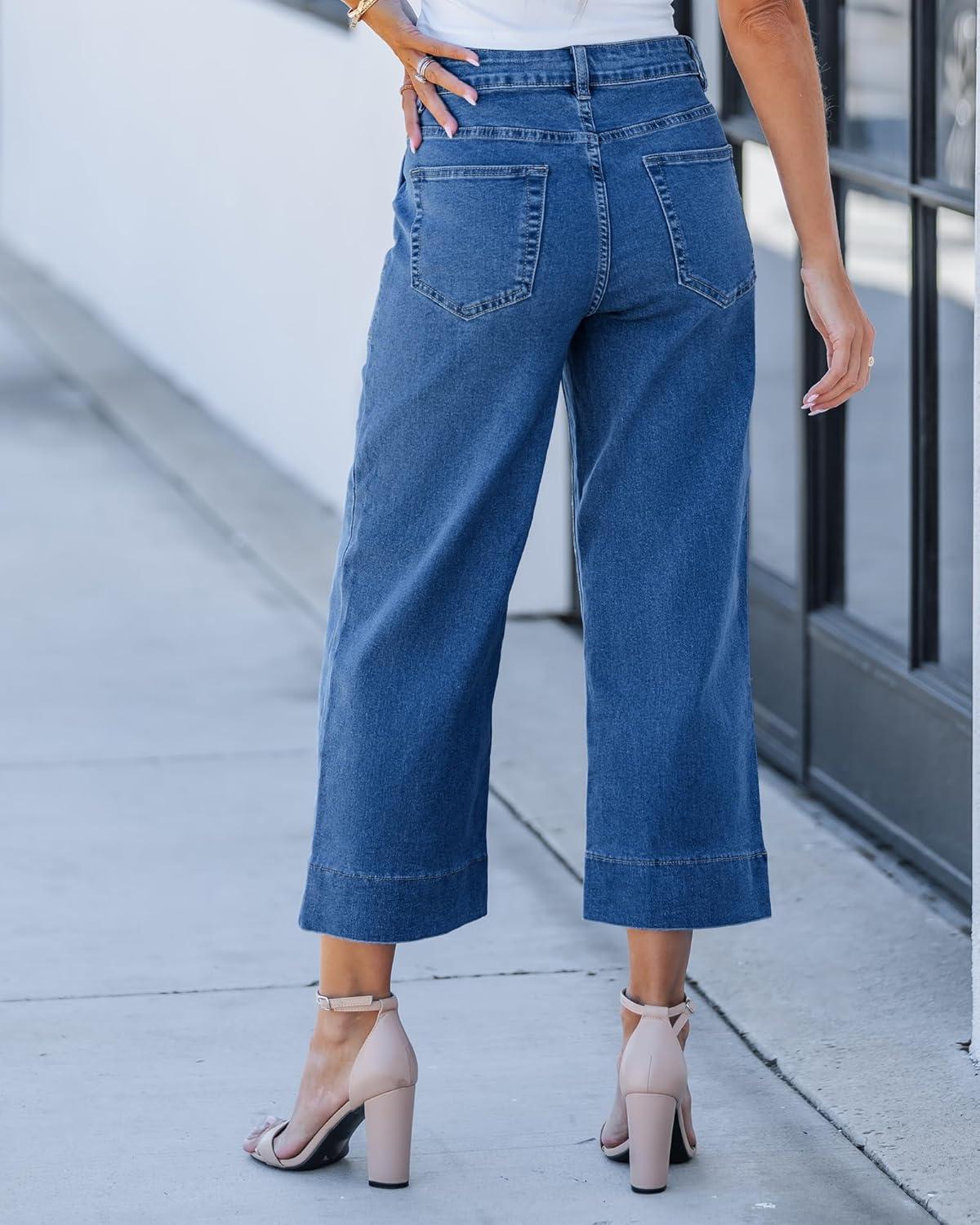 imageLookbookStore Capri Jeans for Women Wide Leg Trendy High Waisted Baggy Straight Casual Summer Stretch Denim Capris PantsClassic Blue