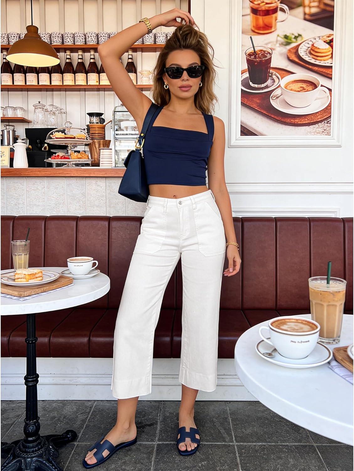 imageLookbookStore Capri Jeans for Women Wide Leg Trendy High Waisted Baggy Straight Casual Summer Stretch Denim Capris PantsCream White