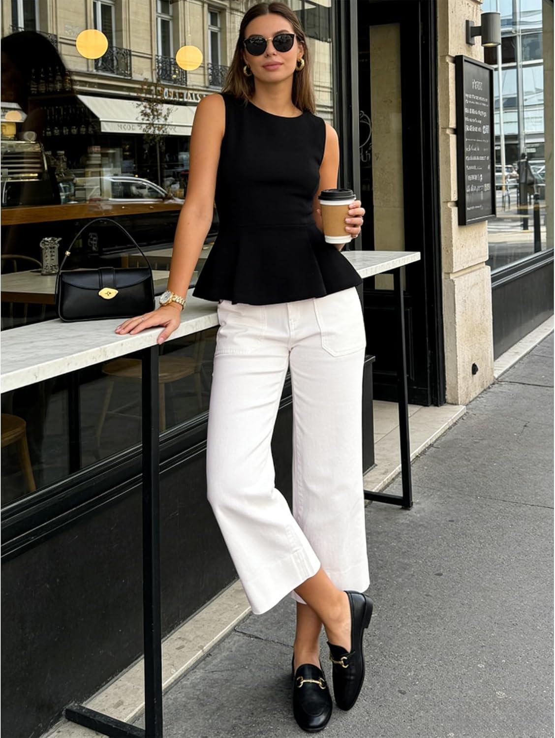 imageLookbookStore Capri Jeans for Women Wide Leg Trendy High Waisted Baggy Straight Casual Summer Stretch Denim Capris PantsCream White