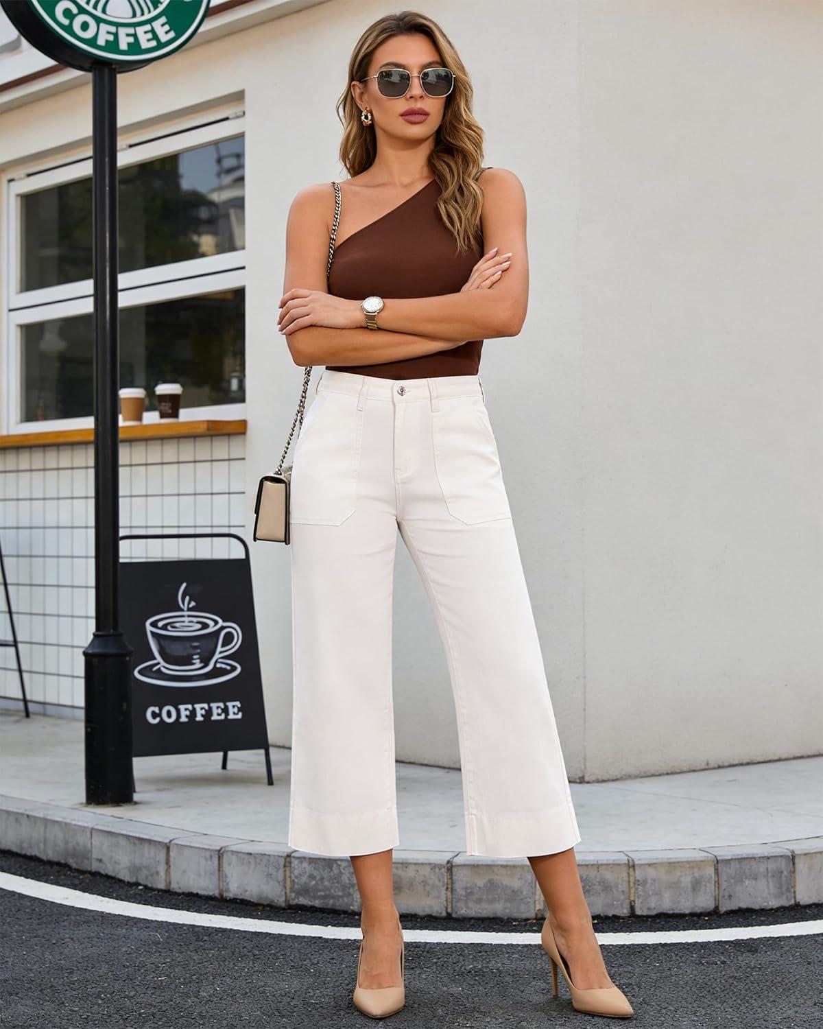 imageLookbookStore Capri Jeans for Women Wide Leg Trendy High Waisted Baggy Straight Casual Summer Stretch Denim Capris PantsCream White