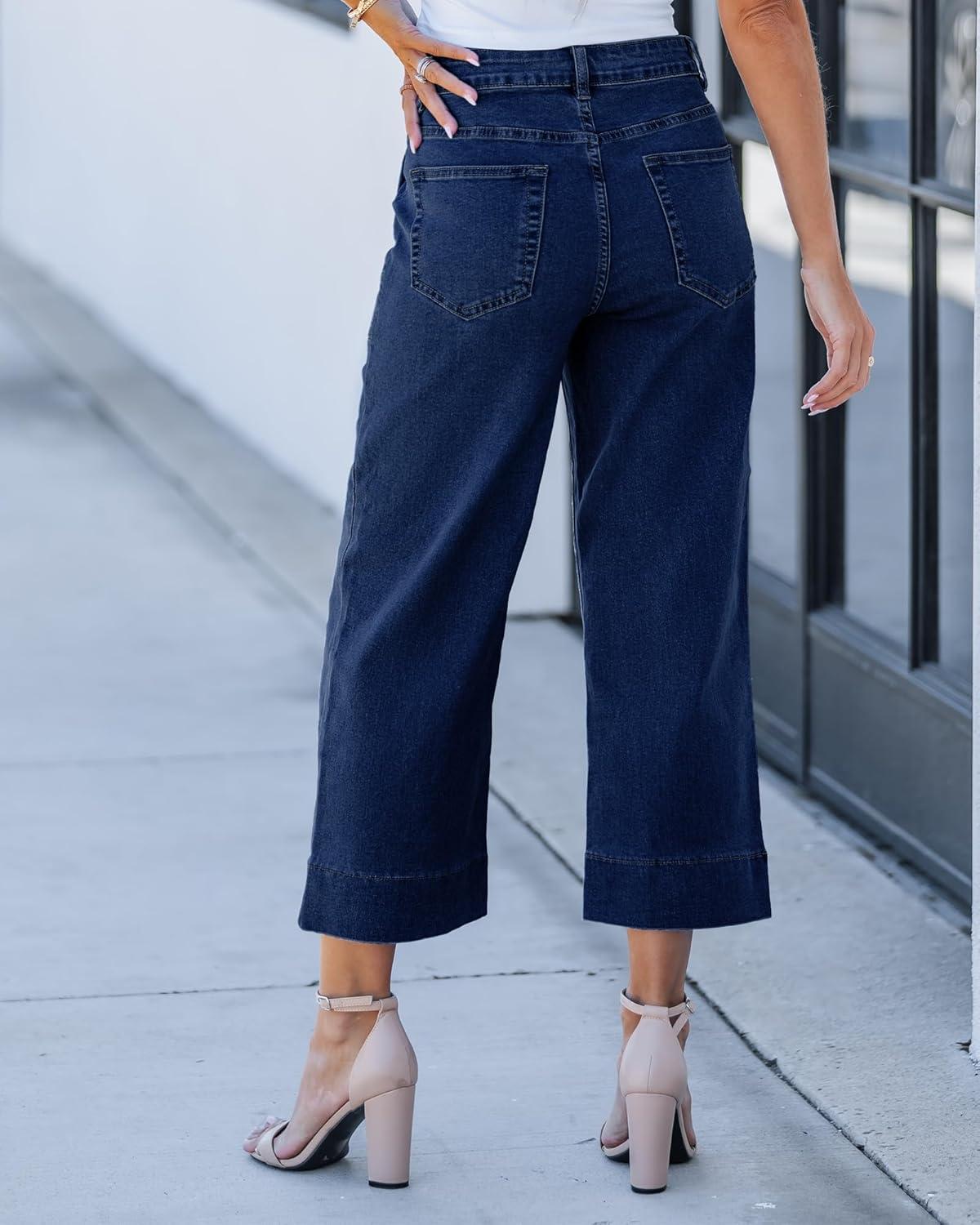 imageLookbookStore Capri Jeans for Women Wide Leg Trendy High Waisted Baggy Straight Casual Summer Stretch Denim Capris PantsDark Blue