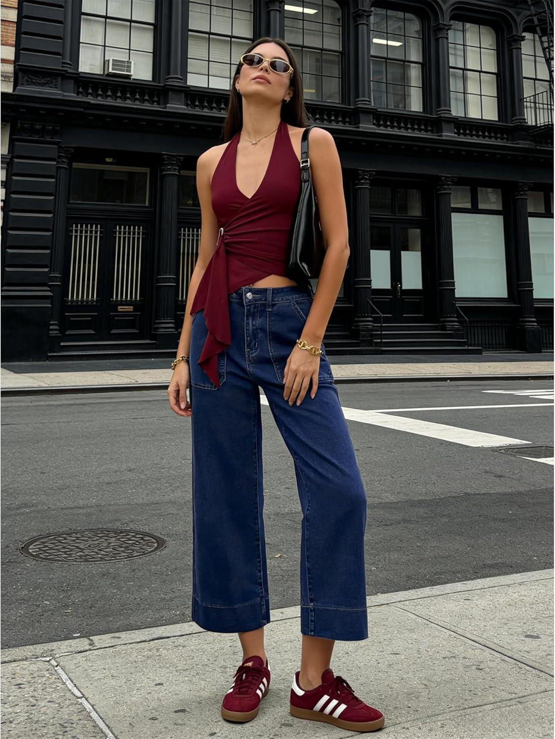 imageLookbookStore Capri Jeans for Women Wide Leg Trendy High Waisted Baggy Straight Casual Summer Stretch Denim Capris PantsDark Blue