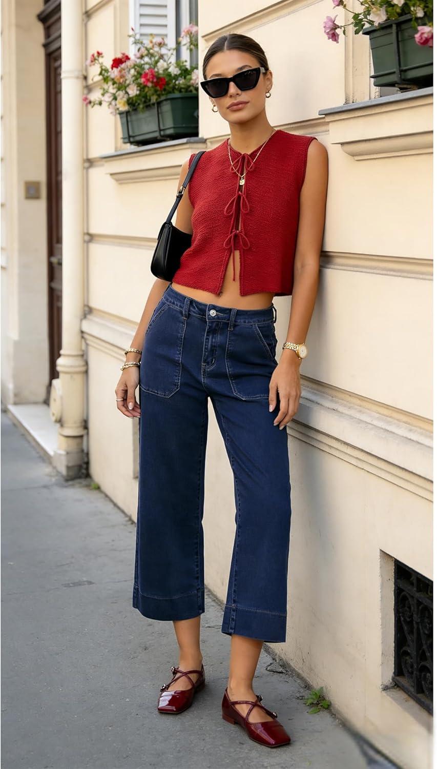imageLookbookStore Capri Jeans for Women Wide Leg Trendy High Waisted Baggy Straight Casual Summer Stretch Denim Capris PantsDark Blue