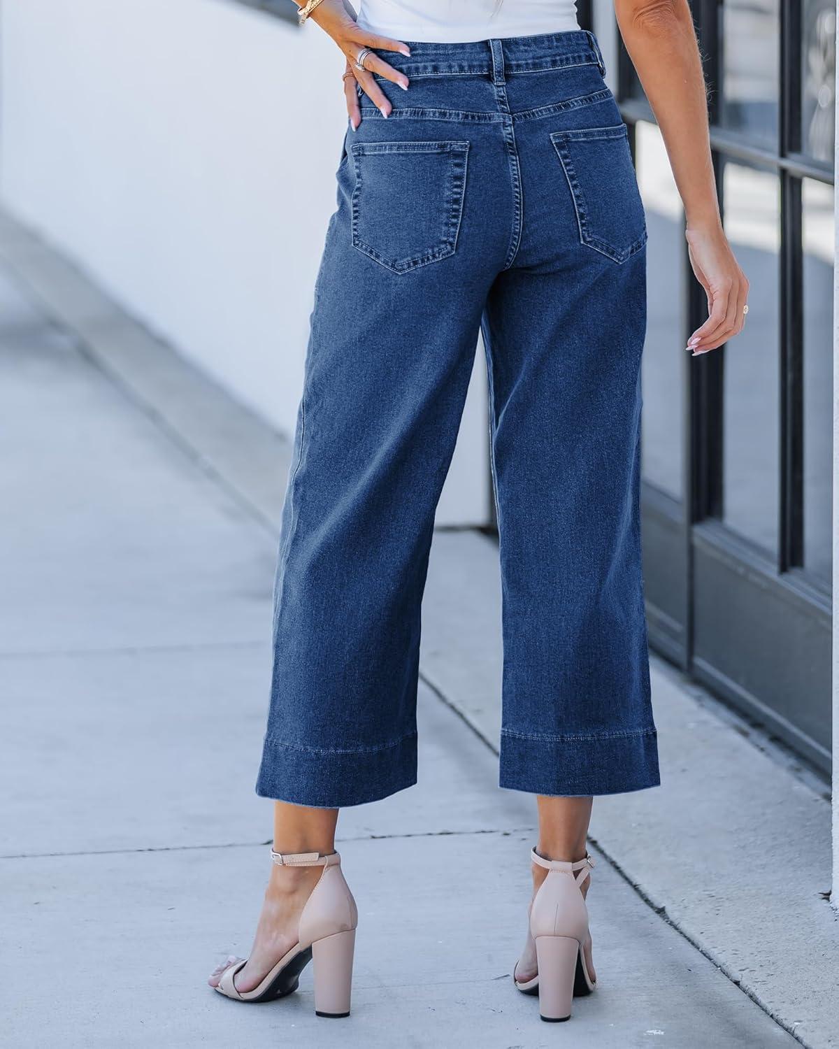 imageLookbookStore Capri Jeans for Women Wide Leg Trendy High Waisted Baggy Straight Casual Summer Stretch Denim Capris PantsMedium Blue