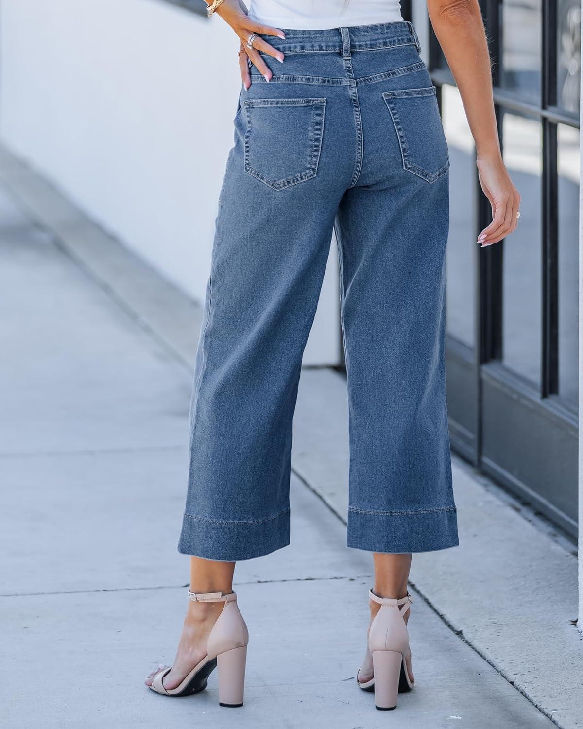 imageLookbookStore Capri Jeans for Women Wide Leg Trendy High Waisted Baggy Straight Casual Summer Stretch Denim Capris PantsReef Blue