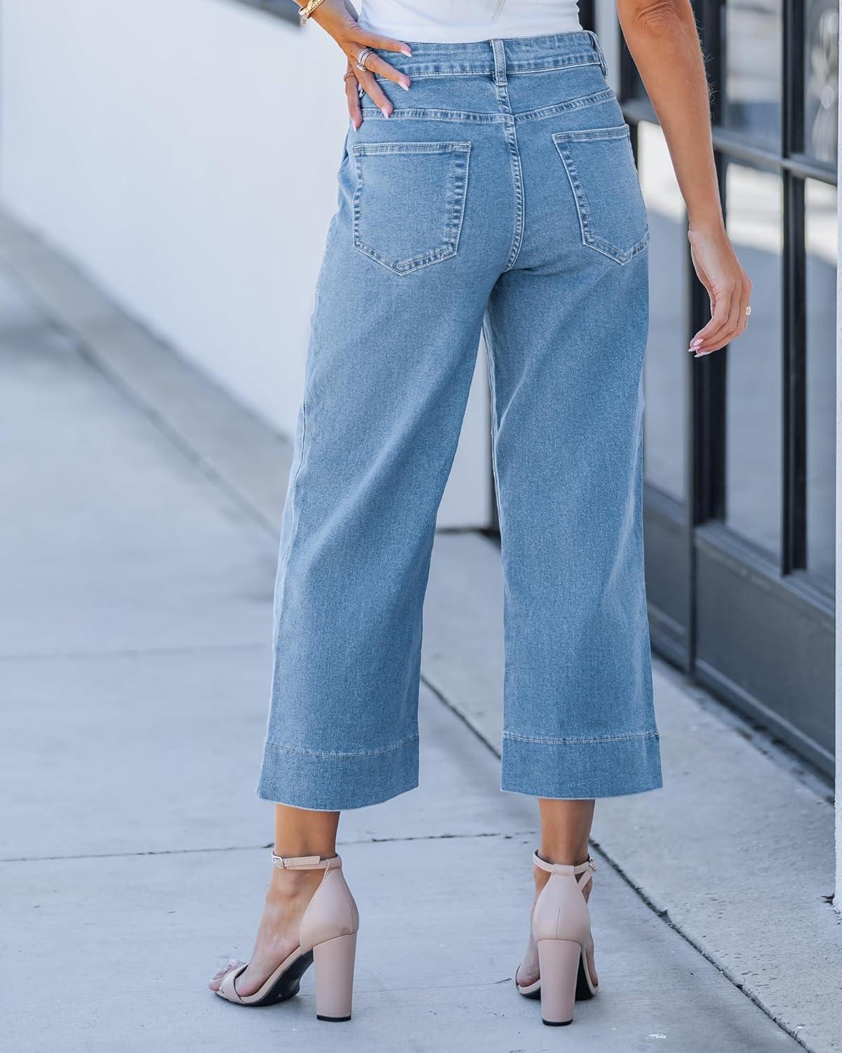 imageLookbookStore Capri Jeans for Women Wide Leg Trendy High Waisted Baggy Straight Casual Summer Stretch Denim Capris PantsRoadknight Blue