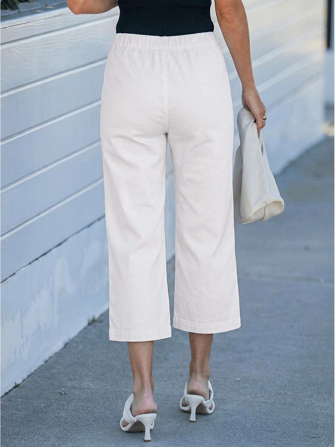 imageLookbookStore Capri Jeans for Women Wide Leg Trendy High Waisted Pull On Elastic Waist Summer Stretch Denim Capris PantsCream White