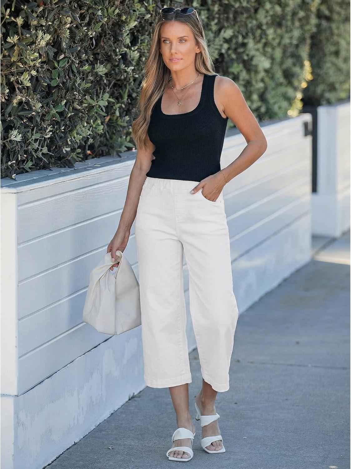 imageLookbookStore Capri Jeans for Women Wide Leg Trendy High Waisted Pull On Elastic Waist Summer Stretch Denim Capris PantsCream White