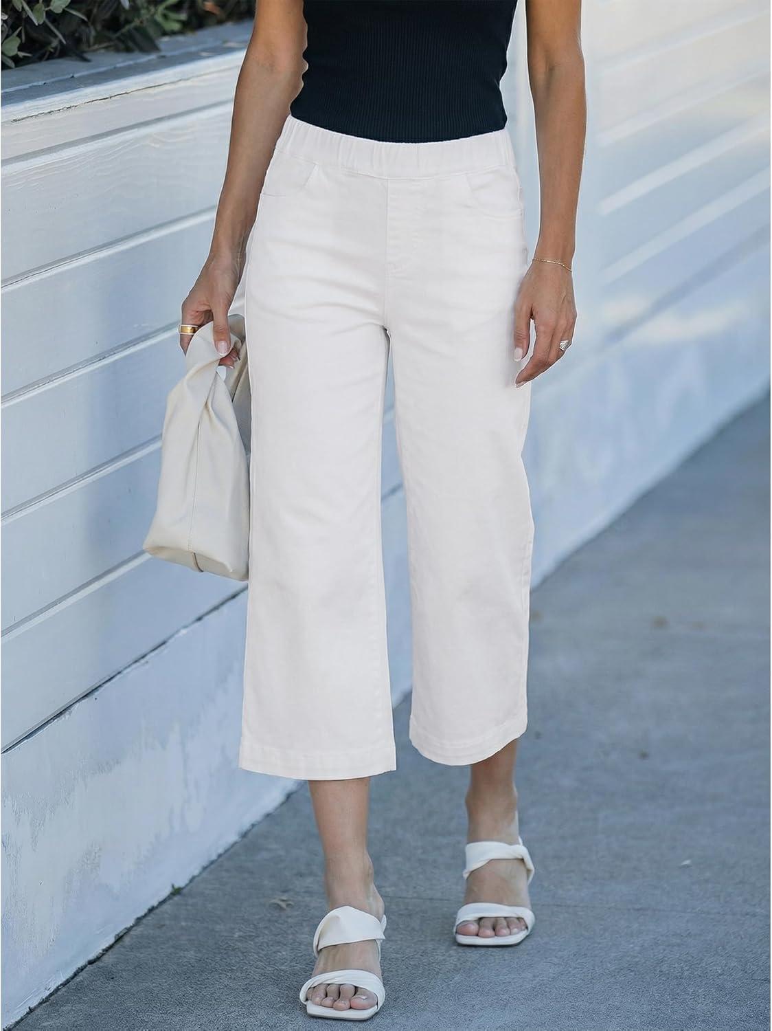 imageLookbookStore Capri Jeans for Women Wide Leg Trendy High Waisted Pull On Elastic Waist Summer Stretch Denim Capris PantsCream White