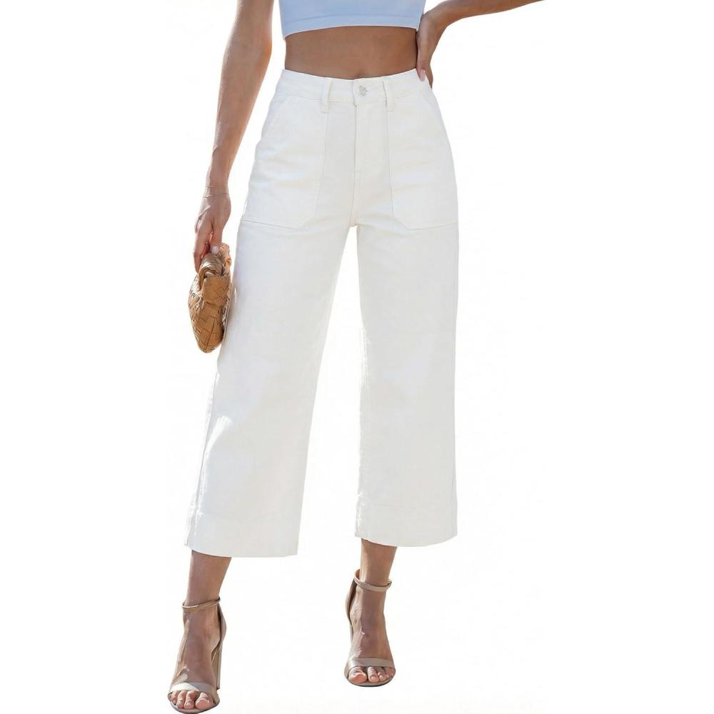 imageLookbookStore Capri Jeans for Women Wide Leg Trendy High Waisted Baggy Straight Casual Summer Stretch Denim Capris PantsCream White