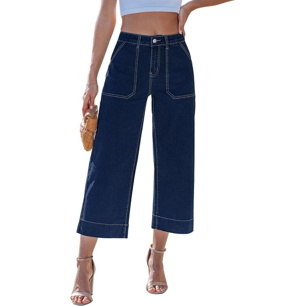 imageLookbookStore Capri Jeans for Women Wide Leg Trendy High Waisted Baggy Straight Casual Summer Stretch Denim Capris PantsDark Blue