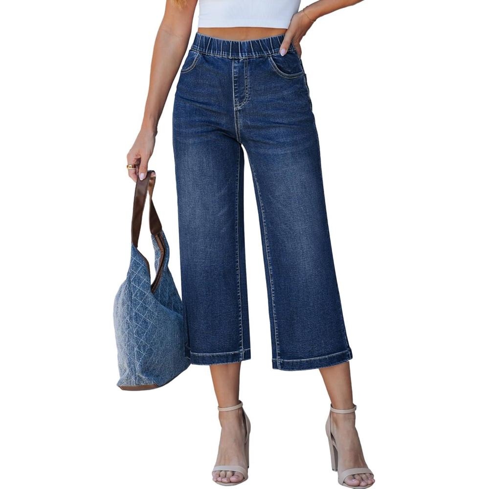 imageLookbookStore Capri Jeans for Women Wide Leg Trendy High Waisted Pull On Elastic Waist Summer Stretch Denim Capris PantsClassic Blue