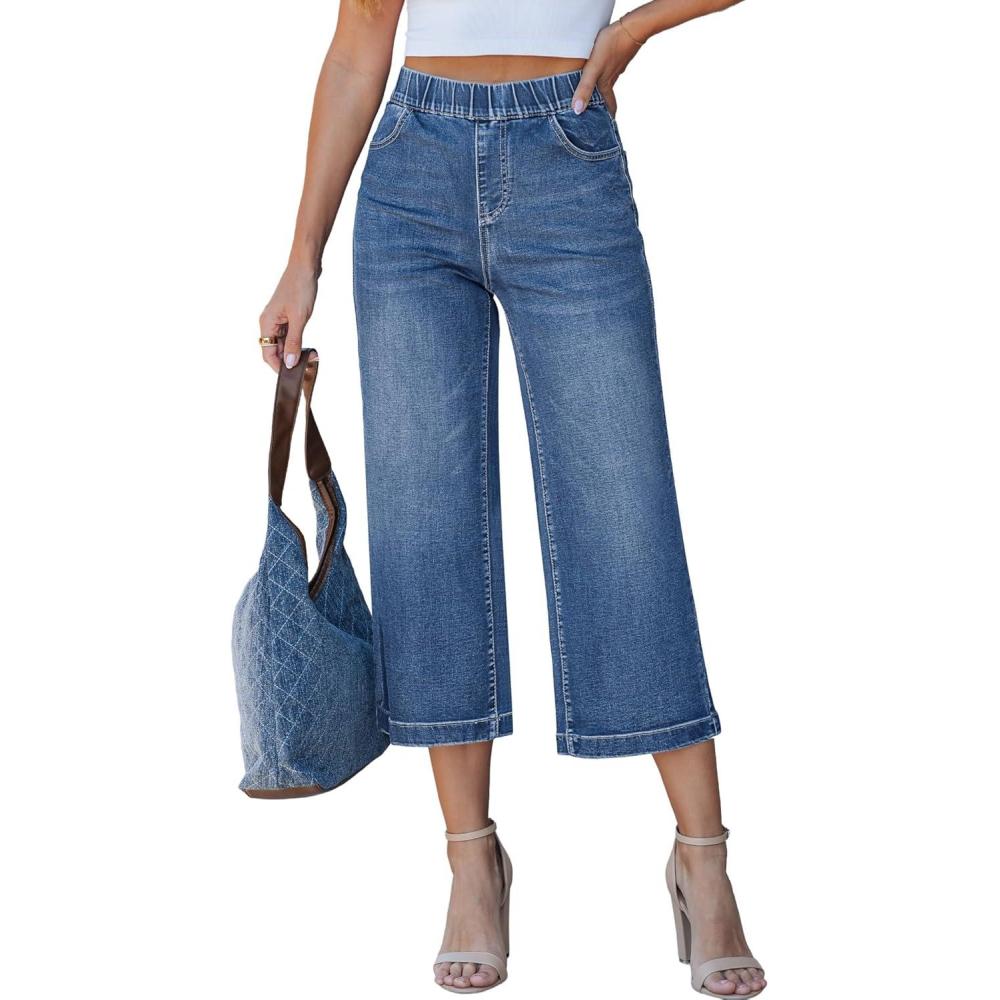 imageLookbookStore Capri Jeans for Women Wide Leg Trendy High Waisted Pull On Elastic Waist Summer Stretch Denim Capris PantsMedium Blue