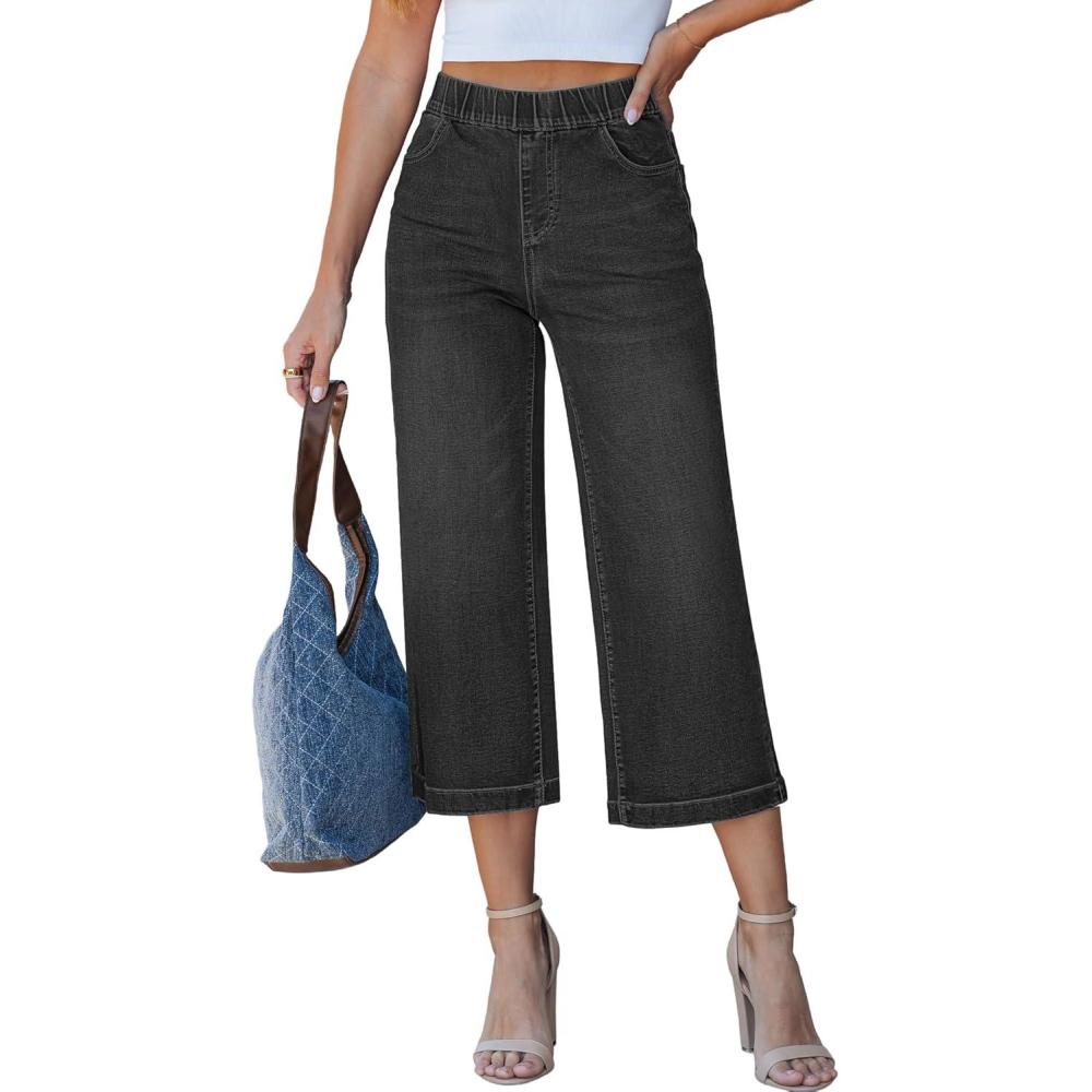 imageLookbookStore Capri Jeans for Women Wide Leg Trendy High Waisted Pull On Elastic Waist Summer Stretch Denim Capris PantsWashed Black