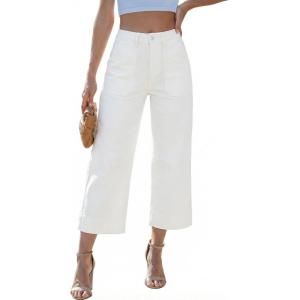 LookbookStore Capri Jeans for Women Wide Leg Trendy High Waisted Baggy Straight Casual Summer Stretch Denim Capris Pants(Cream White)