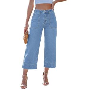 LookbookStore Capri Jeans for Women Wide Leg Trendy High Waisted Baggy Straight Casual Summer Stretch Denim Capris Pants(Roadknight Blue)